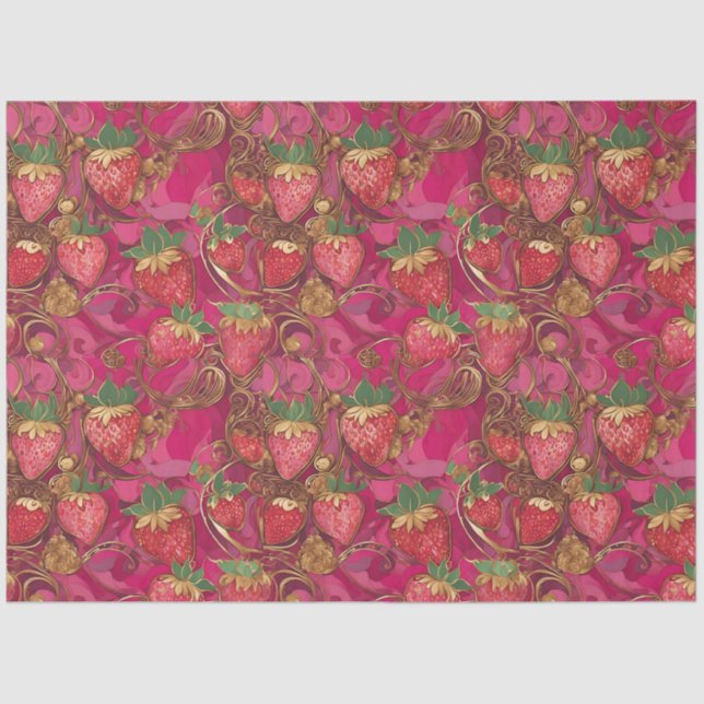 Papel De Seda Padrão Dourado de morango rosa quente (Frente )
