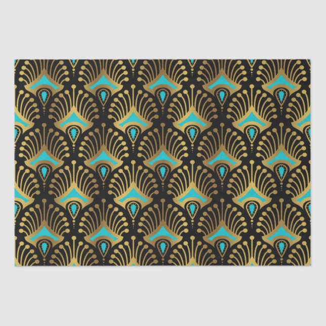 Papel De Seda Padrão Dourado e azul de Art Deco a preto (Frente )