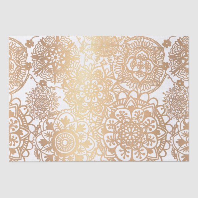Papel De Seda Padrão Elegante de Mandala Dourada e Branca (Frente )