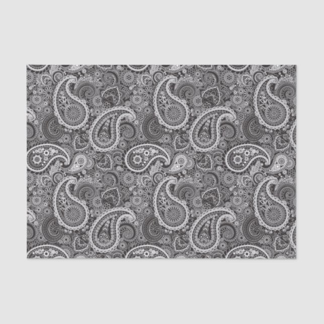 Papel De Seda Padrão Elegante de Paisley Branco Preto (Frente )