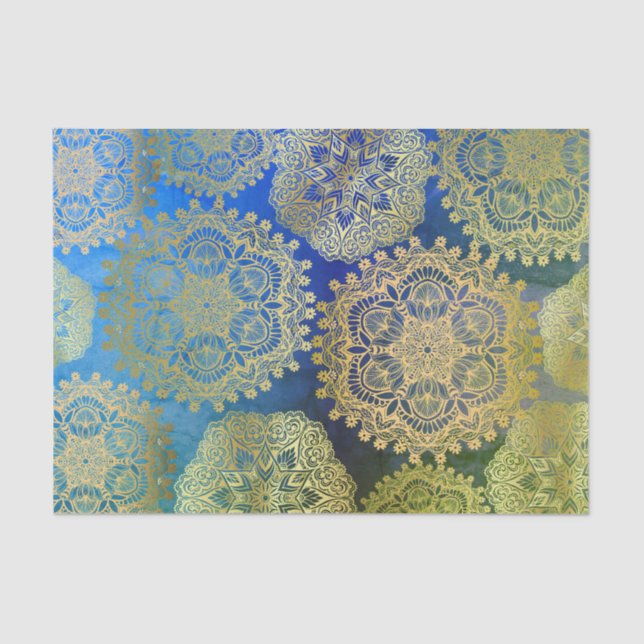Papel De Seda Padrão Elegante Dourado de Mandala Verde Azul (Frente )