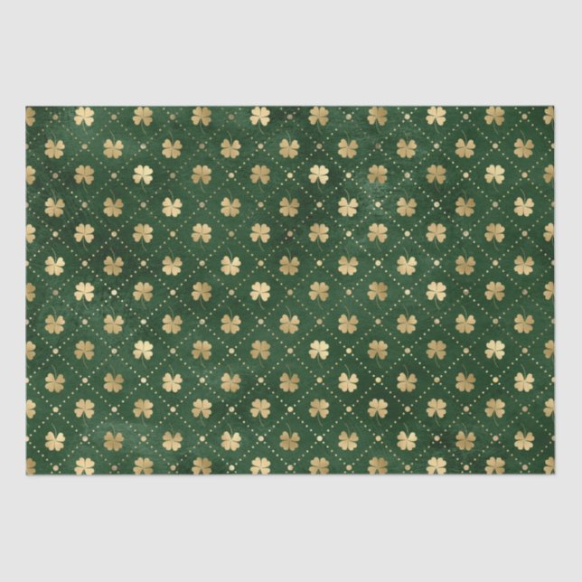 Papel De Seda Padrão Elegante Verde e Dourado Shamrock (Frente )