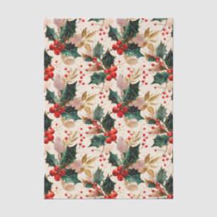 Papel De Seda Padrão Festivo e Vintage de Azevinho de Natal