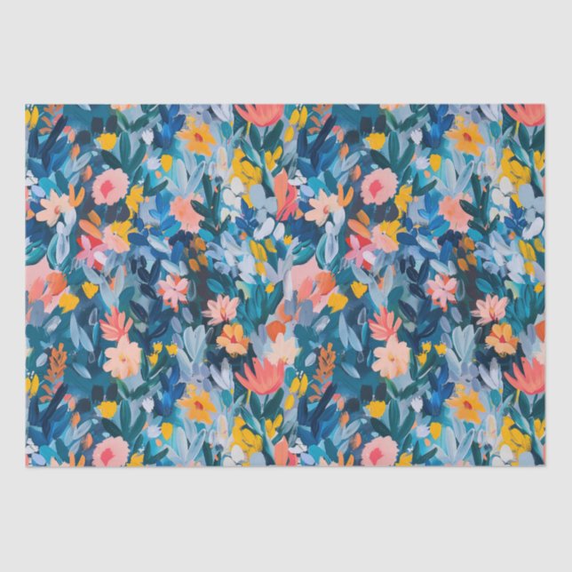 Papel De Seda Padrão Floral Abstrato azul e rosa da tendência (Frente )