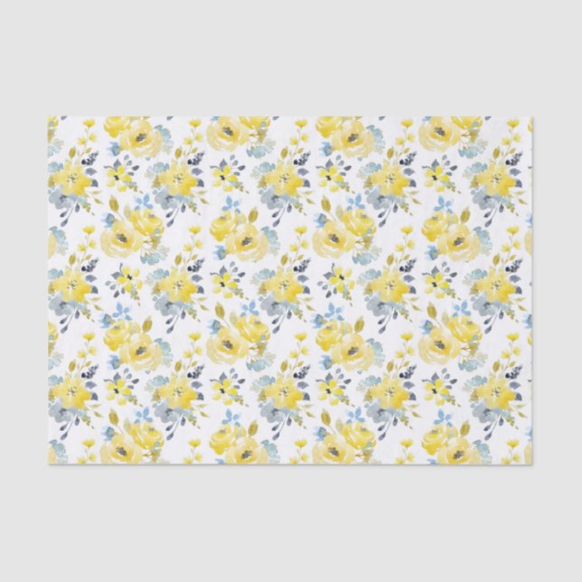 Papel De Seda Padrão Floral Amarelo de Aquarela (Frente )