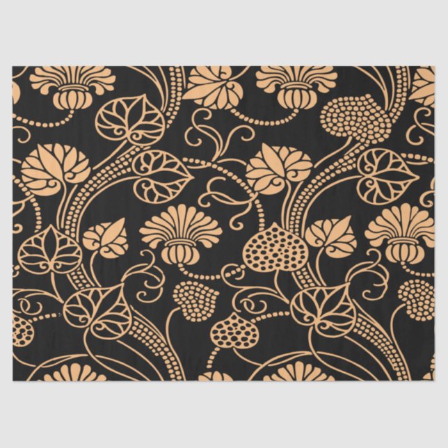 Papel De Seda Padrão Floral Anterior Laranja a Preto (Frente )