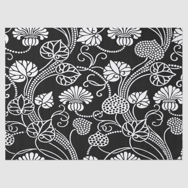 Papel De Seda Padrão Floral Anterior Preto em Branco (Frente )