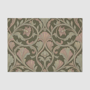 Papel De Seda Padrão Floral Art Nouveau Verde Escuro Rosa Vintag