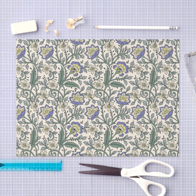 Papel De Seda Padrão floral azul, amarelo e branco contínuo (Arte )
