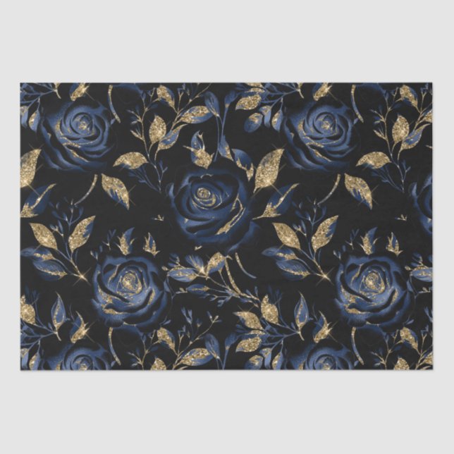 Papel De Seda Padrão Floral Azul e Rosa Dourado do Elegante (Frente )