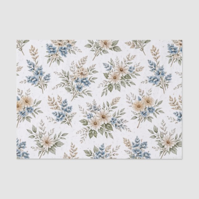 Papel De Seda Padrão Floral Azul Marfim Prado (Frente )