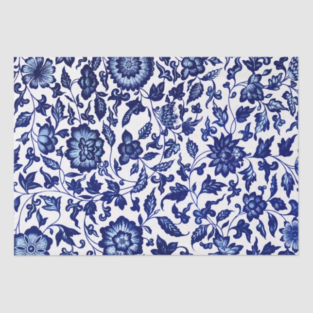 Papel De Seda Padrão floral azul-marinho chinês em branco (Frente )