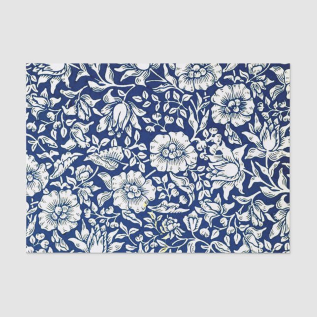 Papel De Seda Padrão Floral Azul, Marinho e Branco (Frente )