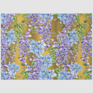 Papel De Seda Padrão Floral Azul no Dourado