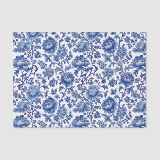 Papel De Seda Padrão Floral Azul Oriental com Fundo Branco (Frente )