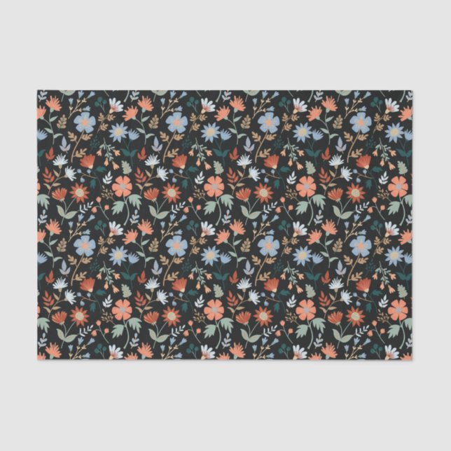 Papel De Seda Padrão Floral Botânico Azul-Laranja Negro (Frente )