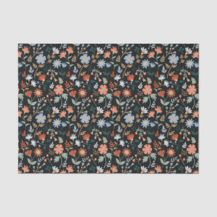 Papel De Seda Padrão Floral Botânico Azul-Laranja Preto