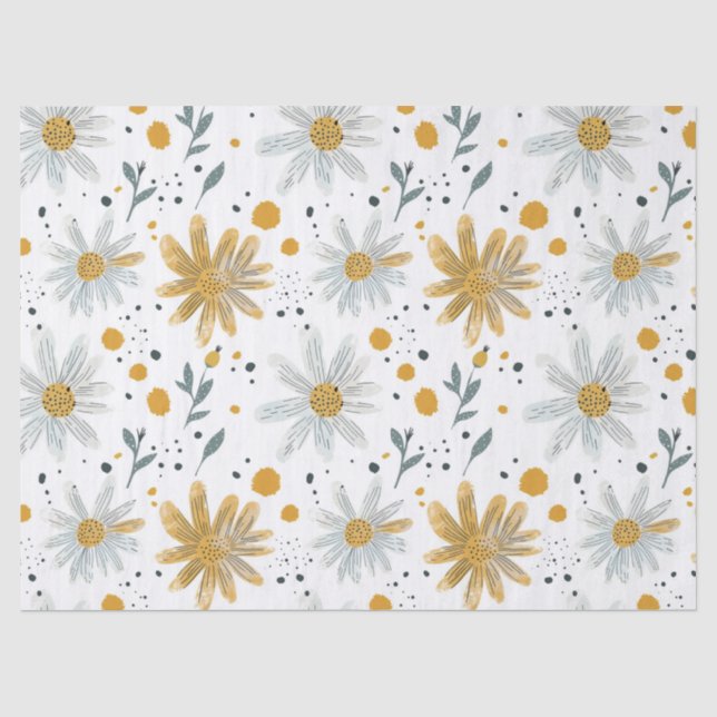 Papel De Seda Padrão Floral Branco e Amarelo (Frente )