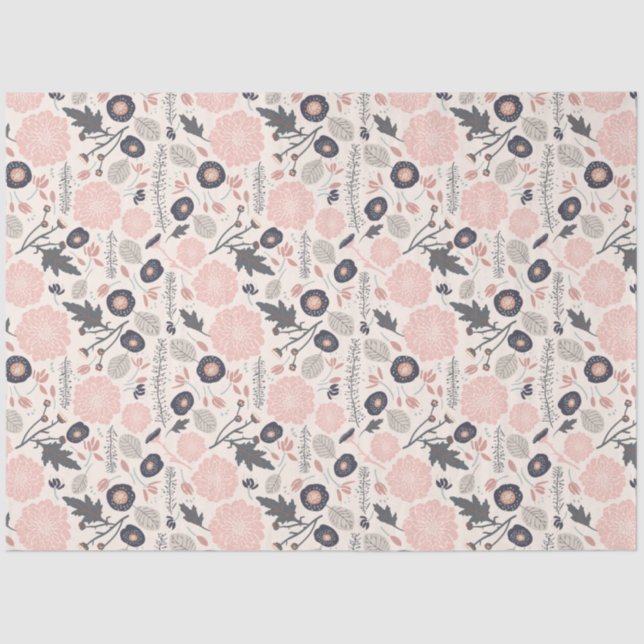 Papel De Seda Padrão Floral Cinza Rosa Preto (Frente )