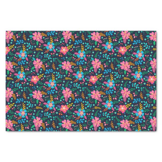 Papel De Seda Padrão Floral Colorido de Flor Azul-Rosa-Quadrado (Frente)