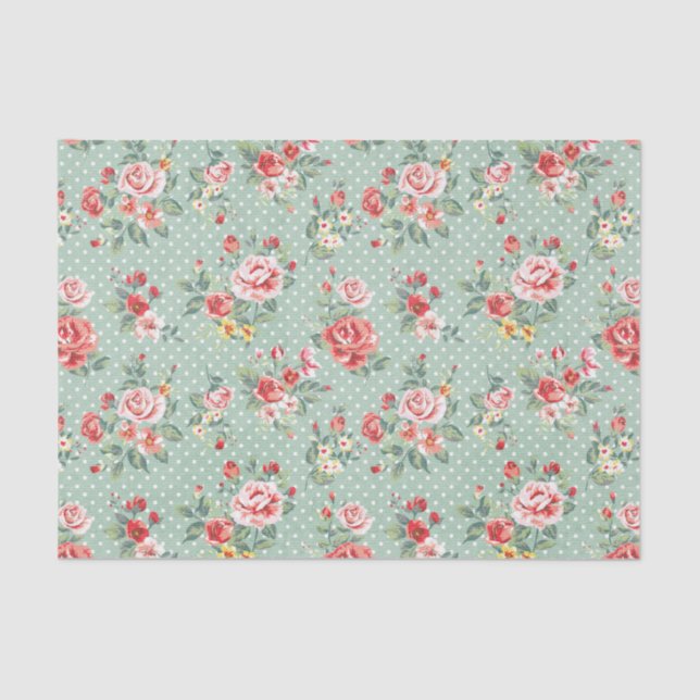 Papel De Seda Padrão Floral de Bolinhas Verde Girly (Frente )