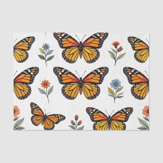Papel De Seda Padrão Floral de Borboleta Monarca (Frente )