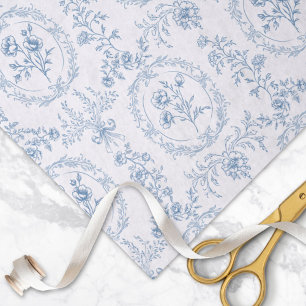 Papel De Seda Padrão Floral de Flores Vintage Azul e Branco