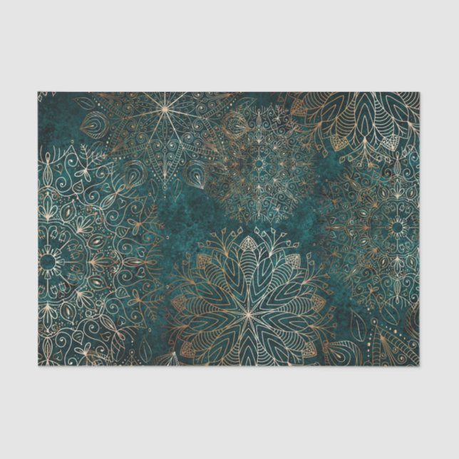 Papel De Seda Padrão Floral de Mandala Verde Elegante Dourado e  (Frente )
