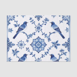 Papel De Seda Padrão Floral de Pássaro Chinoiserie Azul