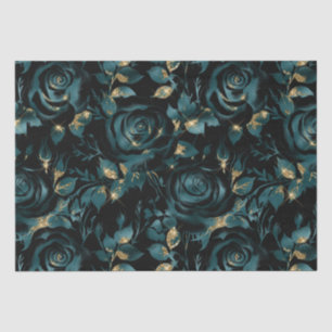 Papel De Seda Padrão Floral de Rosa Azul-turquesa e Dourado Eleg
