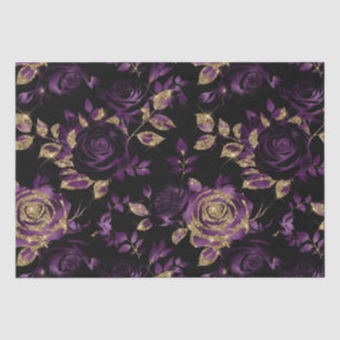 Papel De Seda Padrão Floral de Rosa Roxa e Dourada Elegante