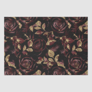 Papel De Seda Padrão Floral de Rosa Vermelha Borgonha e Dourado