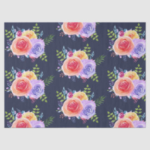 Papel De Seda Padrão Floral de Rosas de Aquarela no Marinho Azu