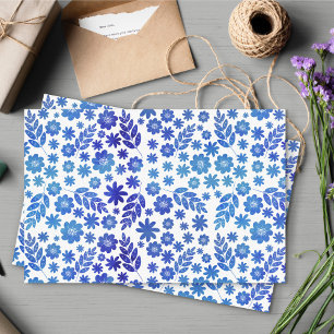 Papel De Seda Padrão Floral Desenhado da Mão Azul na China