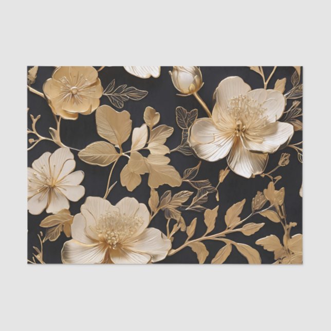 Papel De Seda Padrão Floral Dourado E Branco A Preto (Frente )