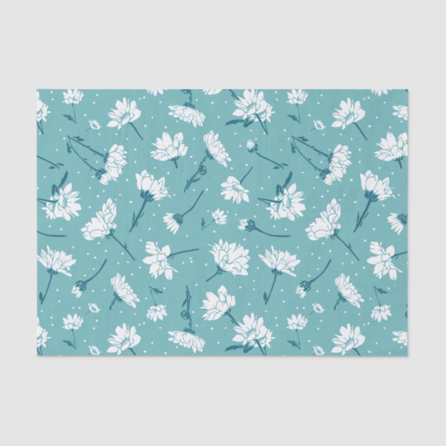 Papel De Seda Padrão Floral Elegante - Botânica Branca e Teal (Frente )
