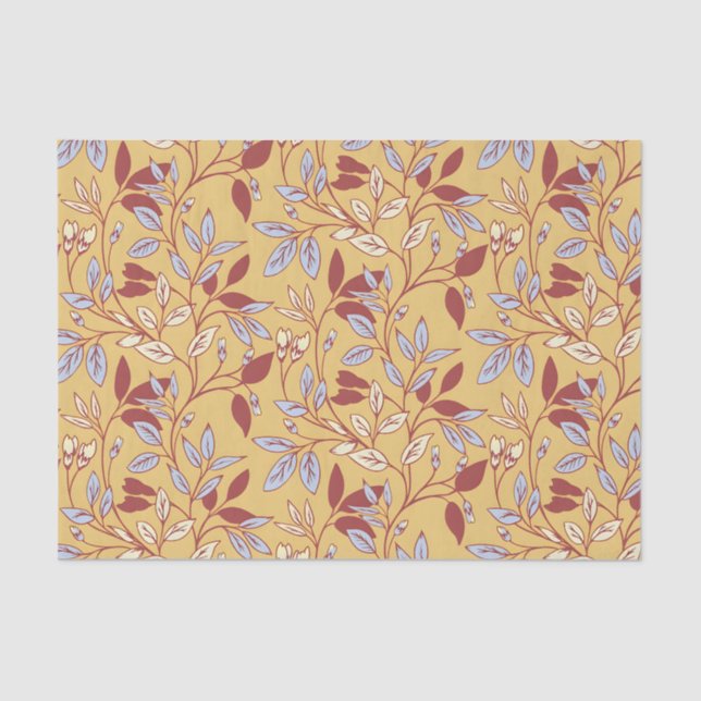 Papel De Seda Padrão Floral Elegante com Folhas Vermelhas e Azui (Frente )