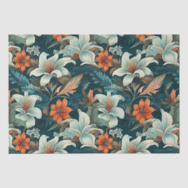 Papel De Seda Padrão Floral Elegante Turquesa Laranja Flor