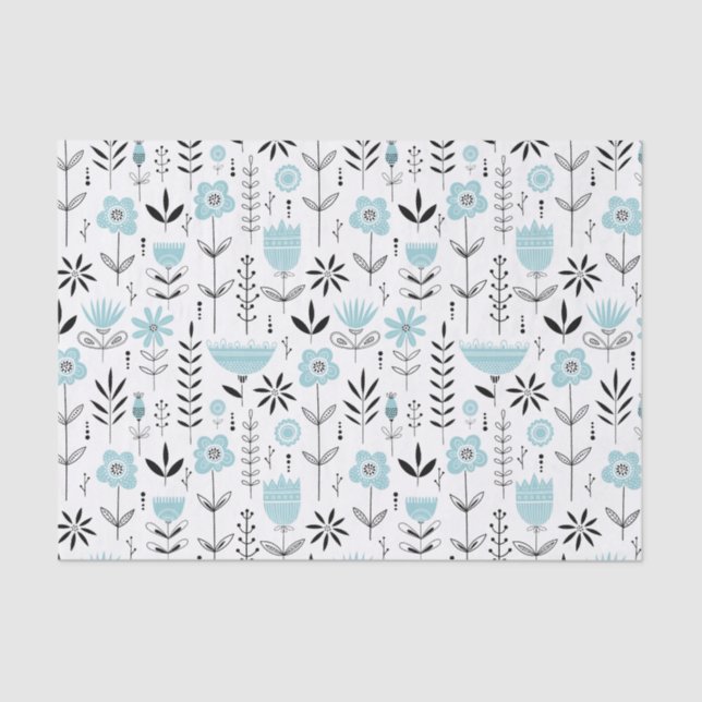Papel De Seda Padrão Floral Escandinavo Azul (Frente )