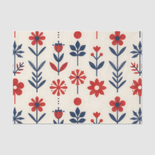 Papel De Seda Padrão Floral Folclórico Vermelho e Azul Marinho