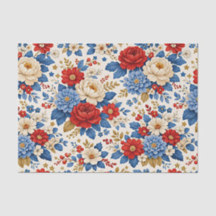 Papel De Seda Padrão Floral Folk Vermelho Azul Vintage