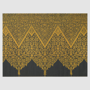 Papel De Seda Padrão Floral Indígena Dourado e Preto Vintage