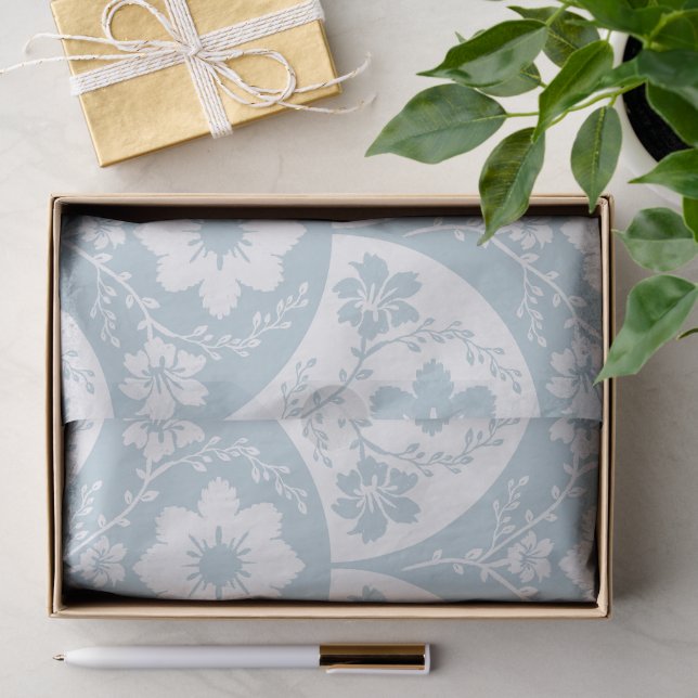 Papel De Seda Padrão Floral Japonês em Azul Suave e Branco (Presente)