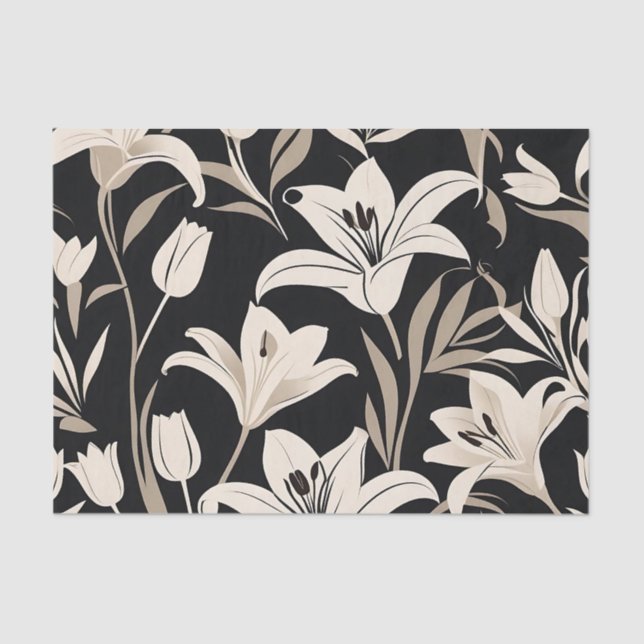 Papel De Seda Padrão Floral Mínimo Preto e Branco (Frente )