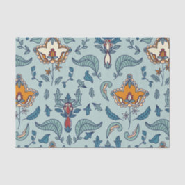 Papel De Seda Padrão floral ornamentado em um fundo azul pálido