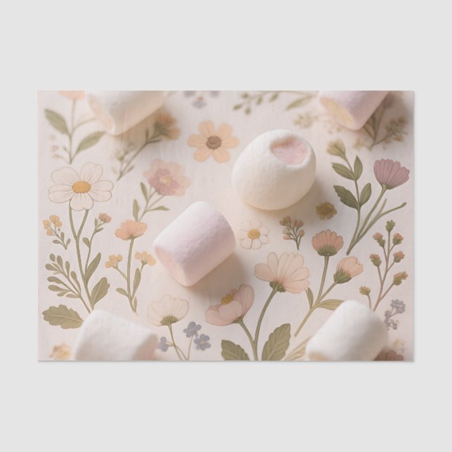 Papel De Seda Padrão Floral Pastel de Marshmallow (Frente )
