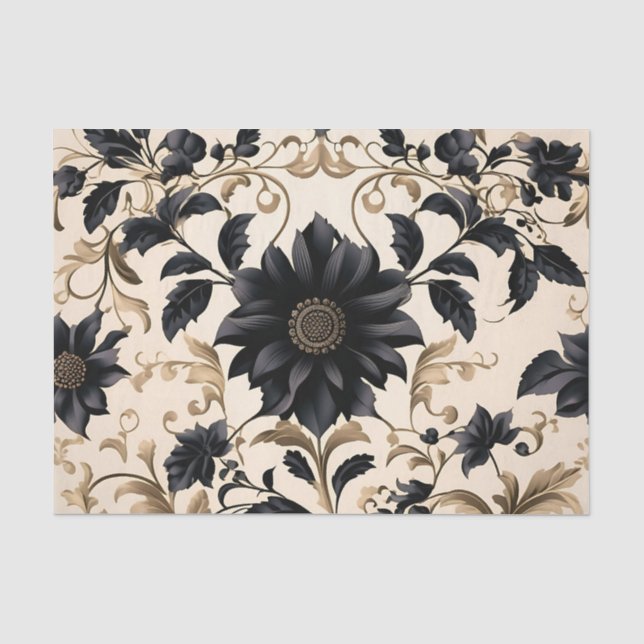Papel De Seda Padrão Floral Preto Elegante (Frente )