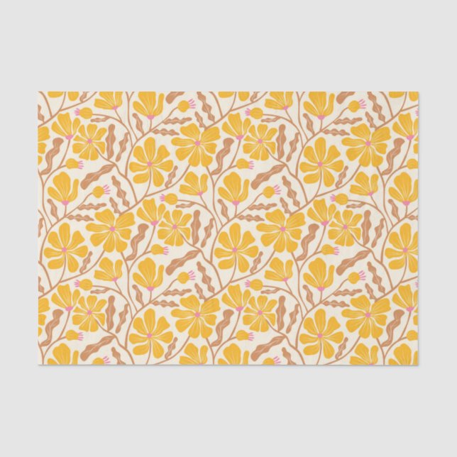 Papel De Seda Padrão Floral Retro Amarelo (Frente )