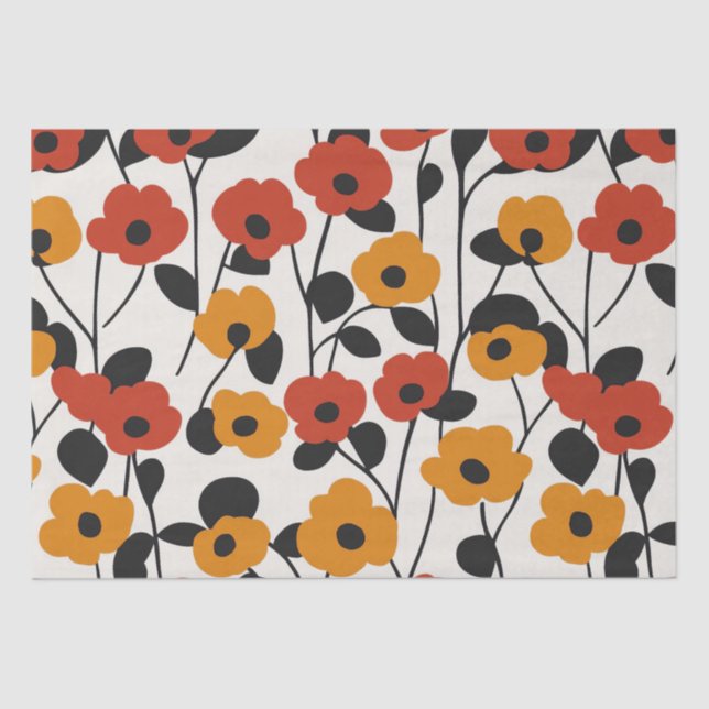 Papel De Seda Padrão Floral Retroativo Negrito Vermelho, Laranja (Frente )