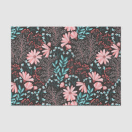 Papel De Seda Padrão Floral Rosa e Escuro-Teal